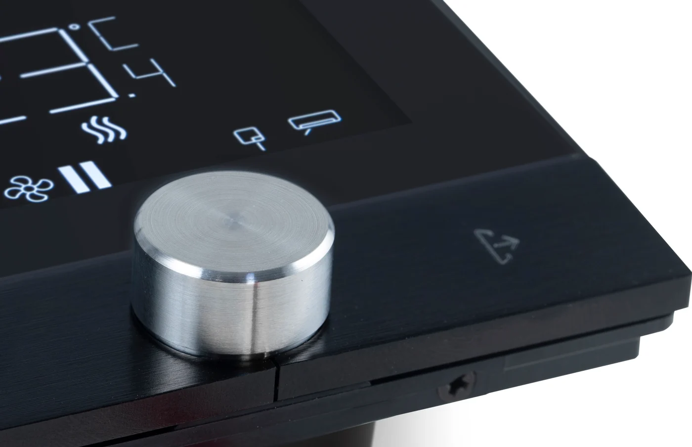 Core Eclipse Thermostat: ألومنيوم أسود، لقطة قريبة للقرص الدوّار والشريط، مقتطعة من صورة Core الفوتوغرافية