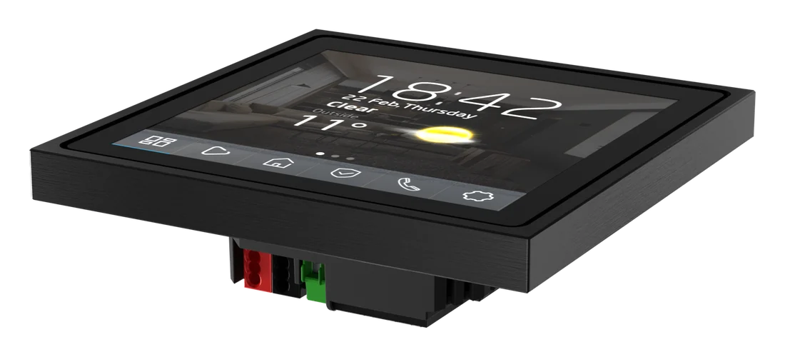 Inspinia 4 SQ room controller: black, angled view, Inspinia's picture