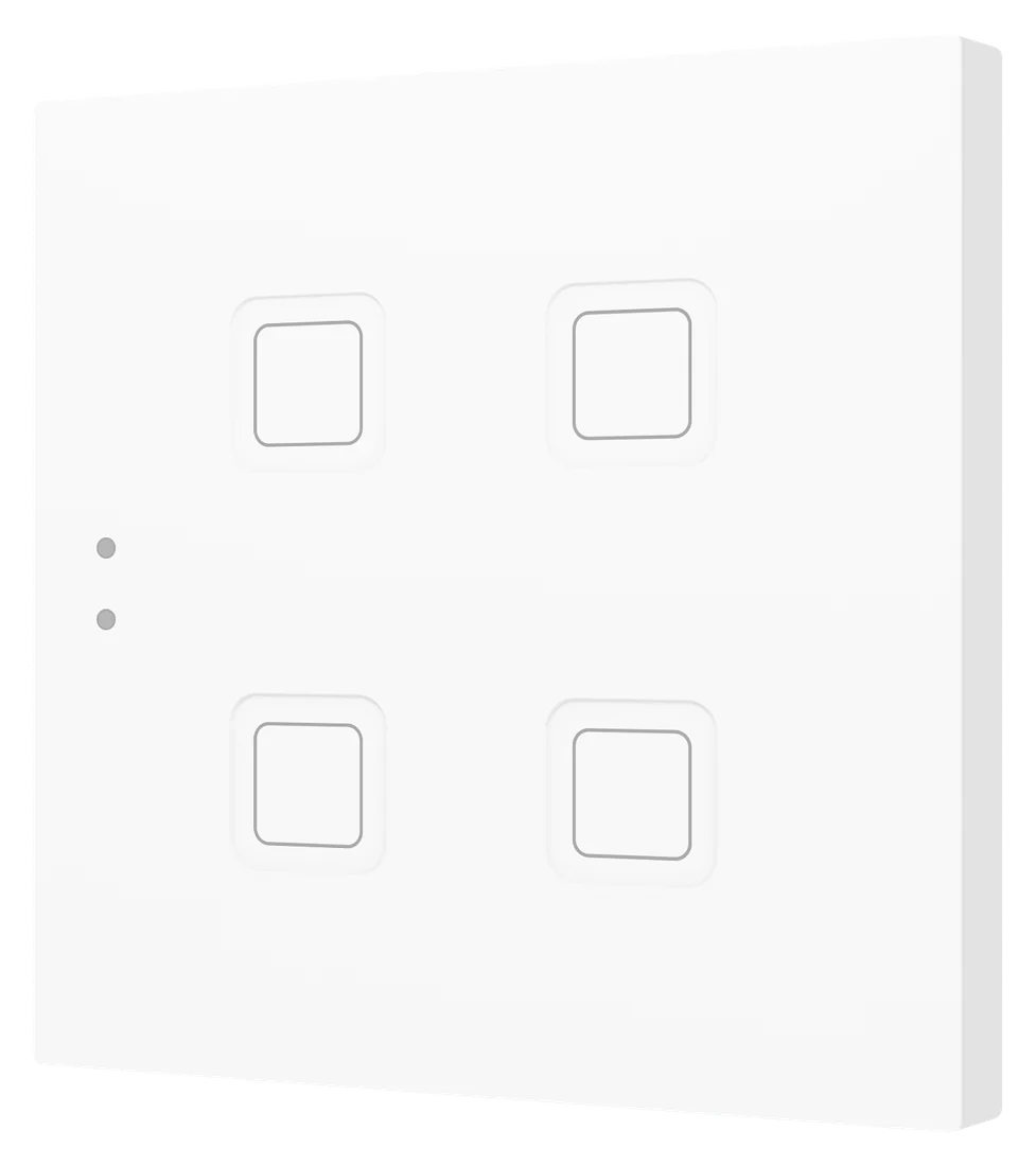 Zennio Tecla RGB: white, 4 buttons, three-quarter view, the indicator lights on the left, Zennio's picture